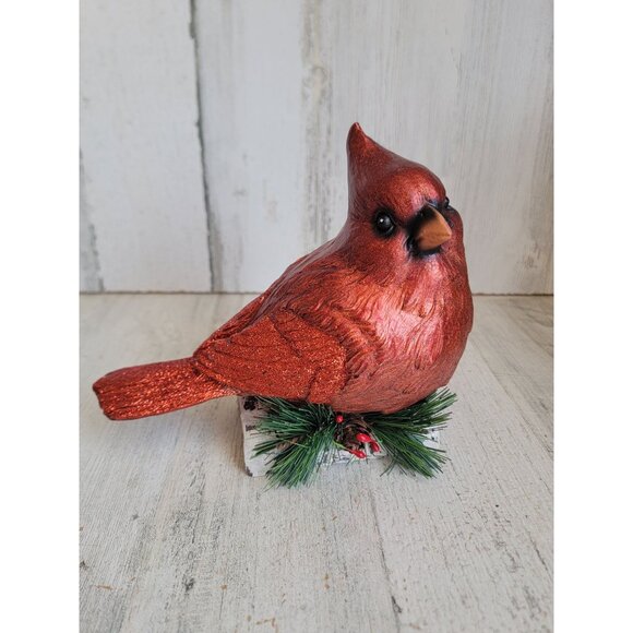 Resin red cardinal snow covered branch Xmas home decor unique figure - Picture 1 of 8